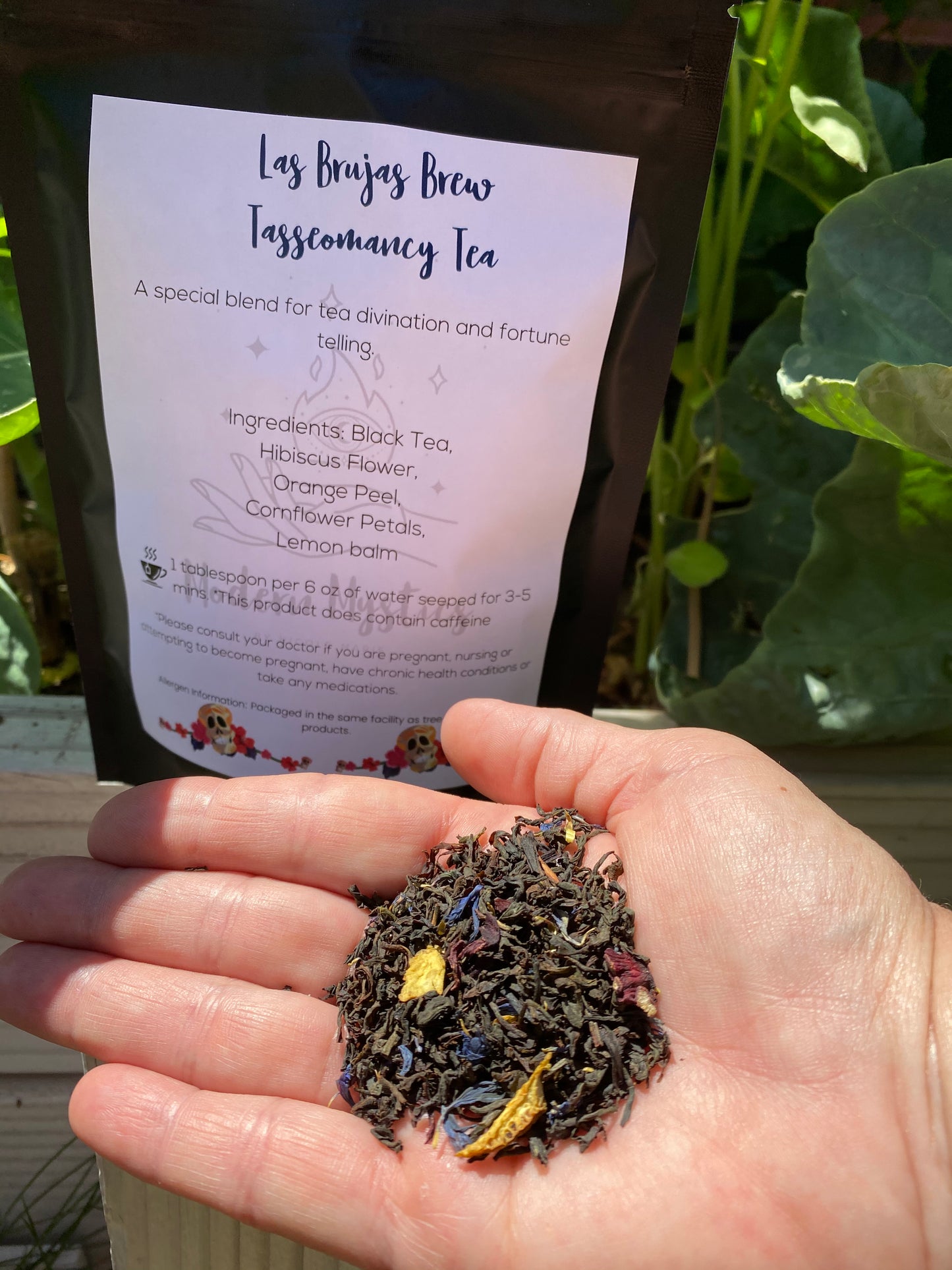 Hand holding dried tea leaves with a 'Las Brujas Brew Tassomancy Tea' package in the background.